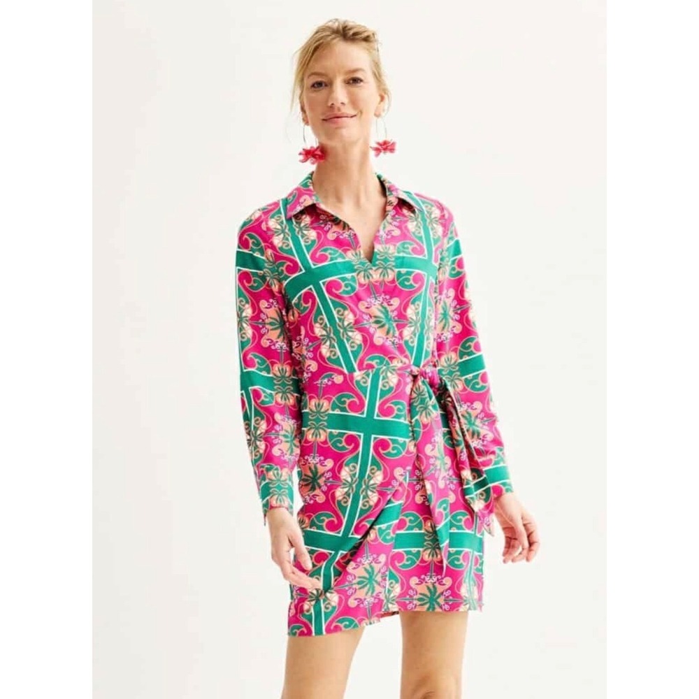 Intempo Pink Green Geometric Floral Tile Print Long Sleeve Wrap Mini Shirt Dress